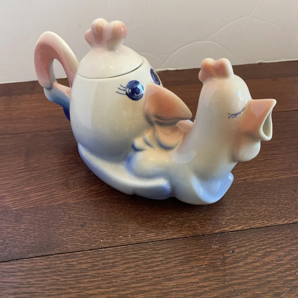 Vintage Teapot with lid- Rooster with Hen, Japan,‎ Pinks And Blues, Rare